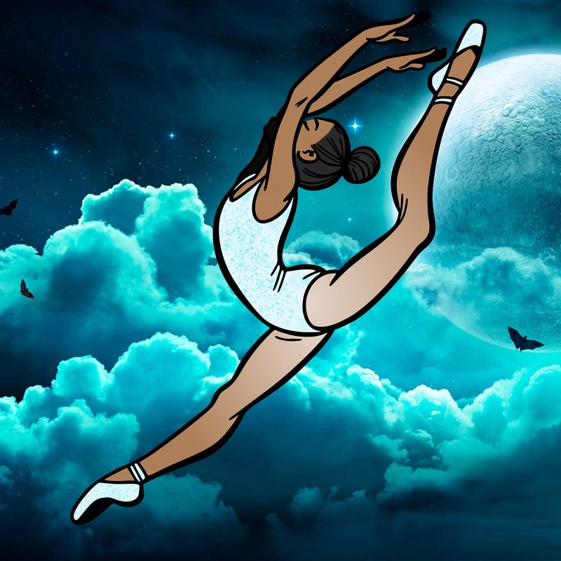 gymnast doing a leap in a leotard with a bent back leg