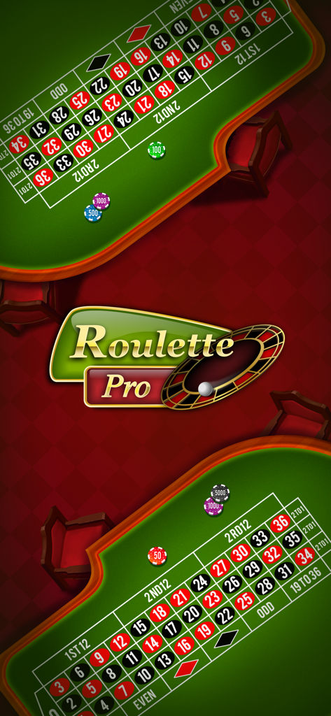 Roulette Casino - Wheel Spin - Titelseite des mobilen Spiels Roulette Pro mit Wettischen und Chips