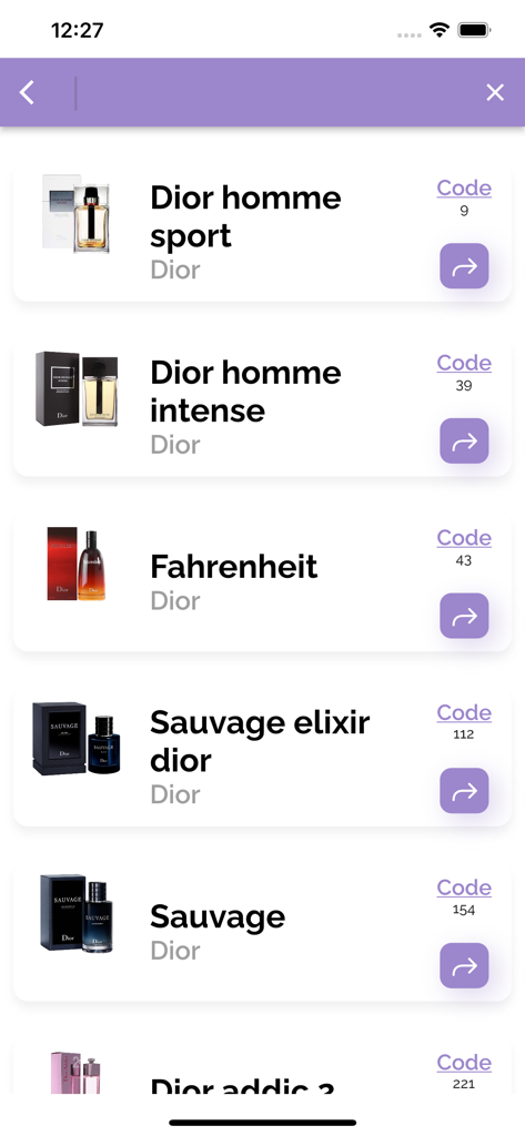 Eine Liste von Dior-Parfums, darunter Sauvage und Fahrenheit, in der Perfumes Book App