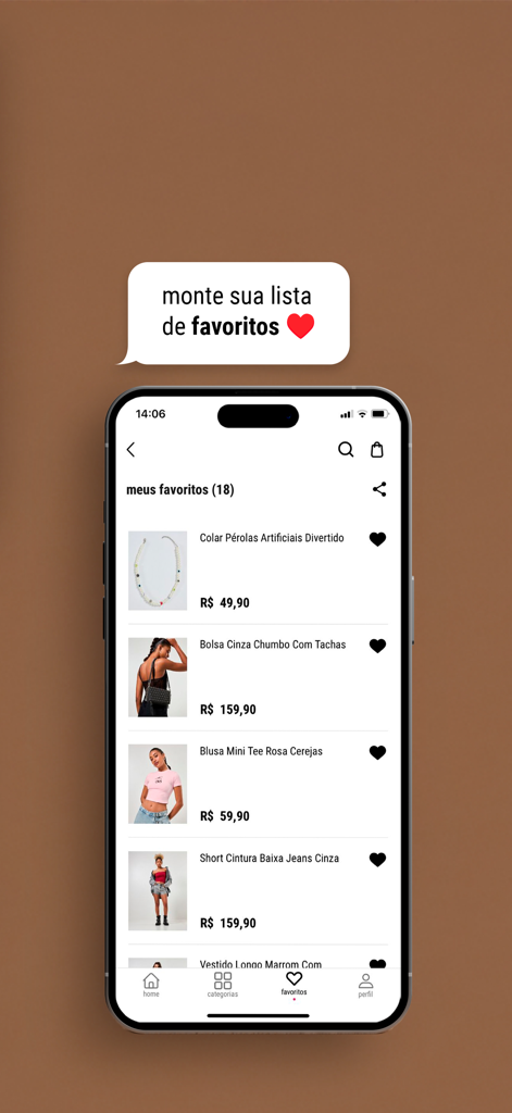Mobile phone screen showing a list of favorite fashion items and accessories in the Youcom shopping app