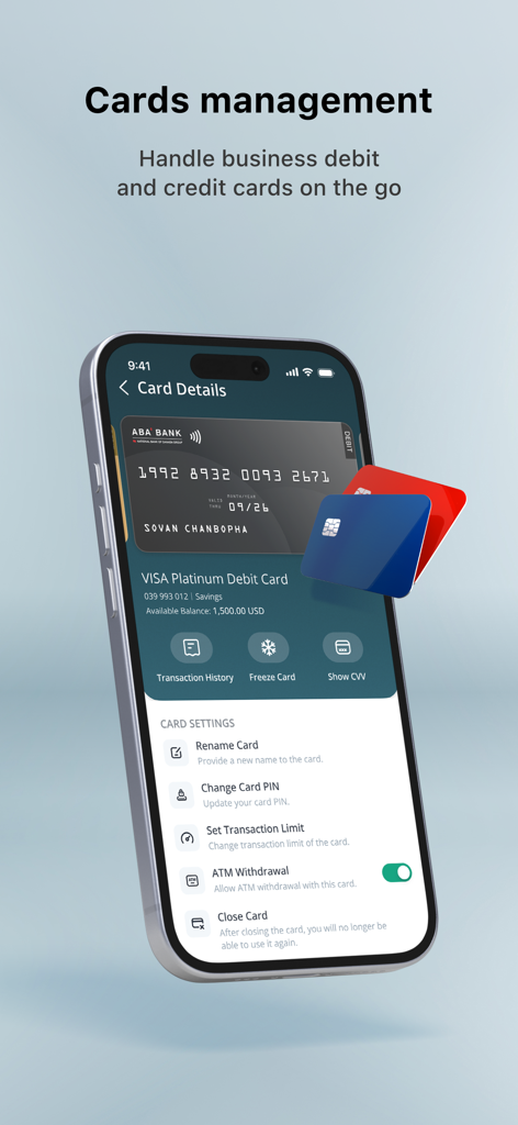 ABA Business - ABA Business app card management screen showing debit card settings and limits