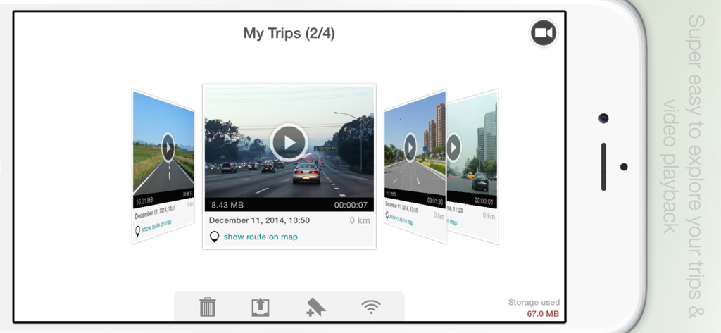 TripREC Driving Recorder - TripRECアプリのギャラリーのスクリーンショットで、トリップの詳細とルートオプション付きの録画された運転ビデオのカルーセルが表示されている様子