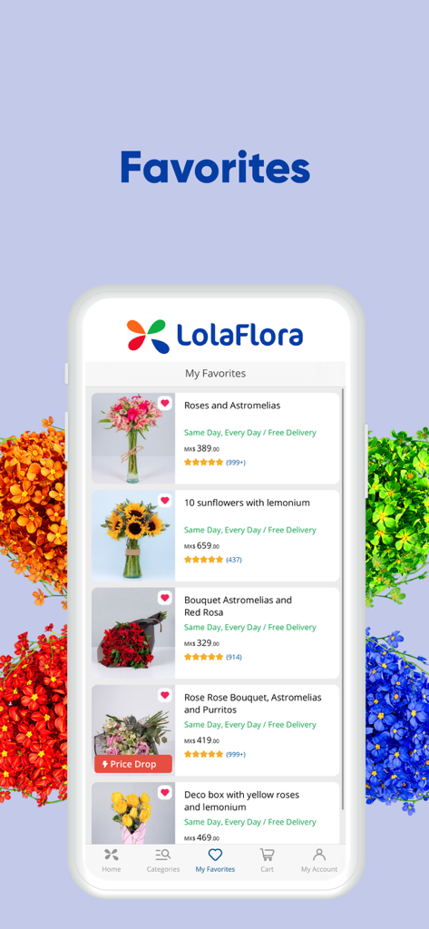 LolaFlora - Flower Delivery - Tela de favoritos do aplicativo LolaFlora exibindo vários arranjos florais