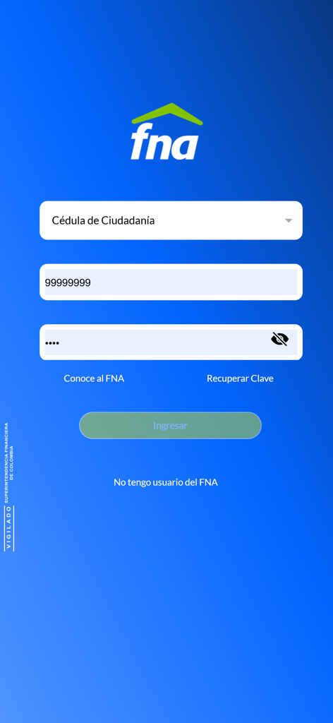 Login screen of the FNA Movil Agil mobile app for Colombian savings and housing management.