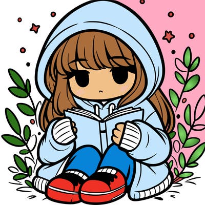 girl in oversized hoodie reading a book