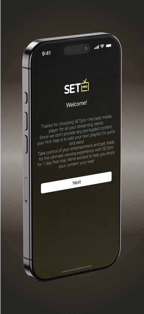 Setiptvpro - Setiptvpro App Startbildschirm auf dem iPhone mit Einführungstext und einer Weiter-Schaltfläche.