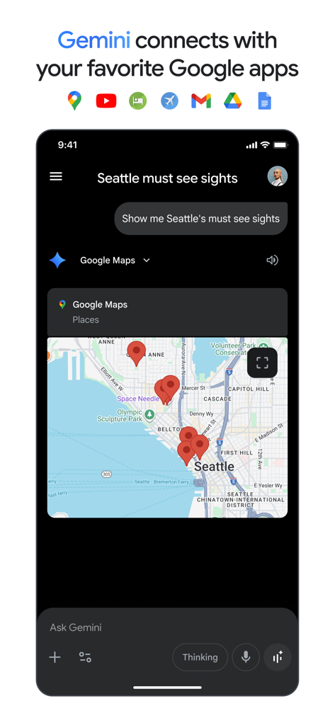 Google Gemini app interface showing Seattle sights on an integrated Google Maps screen