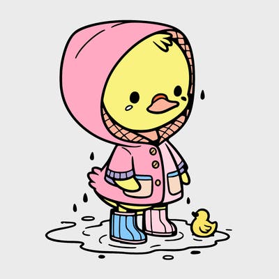 baby duck in a rain coat and boots, in a puddle while it’s raining