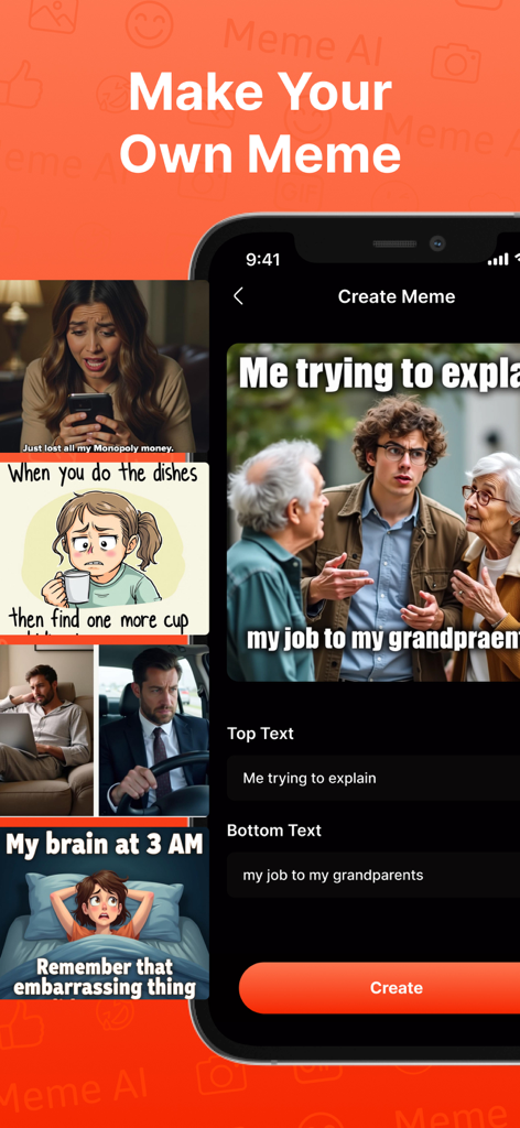 AIミームジェネレーターアプリの画面。テンプレートとテキスト入力を使用してカスタムミームを作成する方法を示しています。