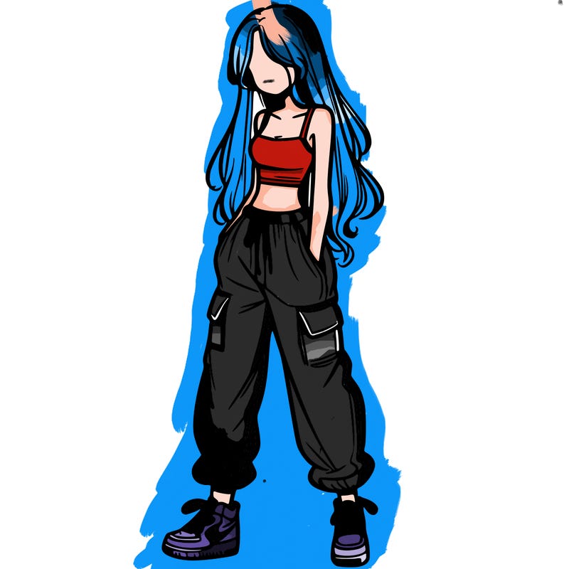 girl in baggy pants crop top and long hair