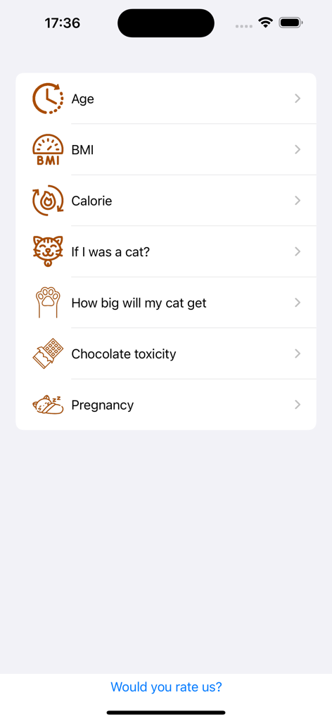 Main menu of the Cat Health and Care Calculators app showing tools for age BMI calorie and toxicity tracking
