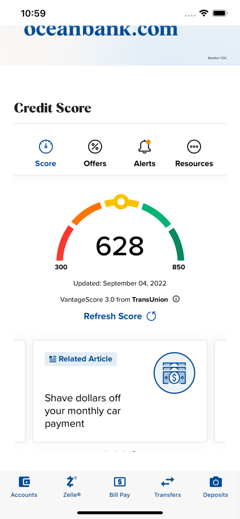 Ocean Bank mobile banking app credit score screen showing a score of 628 and bottom navigation menu
