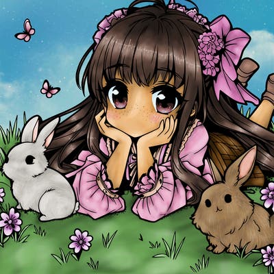 anime girl laying in grass with bunnies