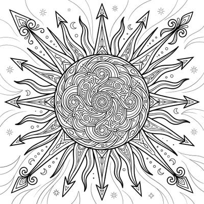 Explore the captivating energy of the midday sun with this intricate coloring page, perfect for teens. Its detailed mandala-like design offers a rewarding artistic challenge and a moment of creative escape.