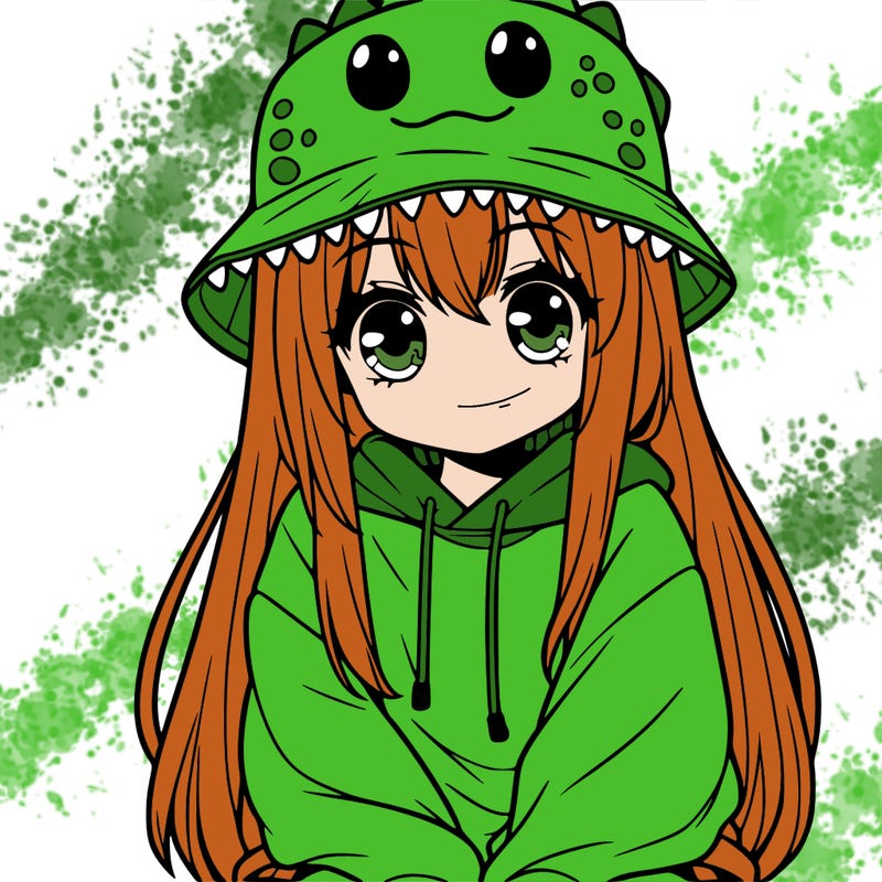 girl with anime shaped eyes with a dinosaur bucket hat oversized sweatshirt long straight hair