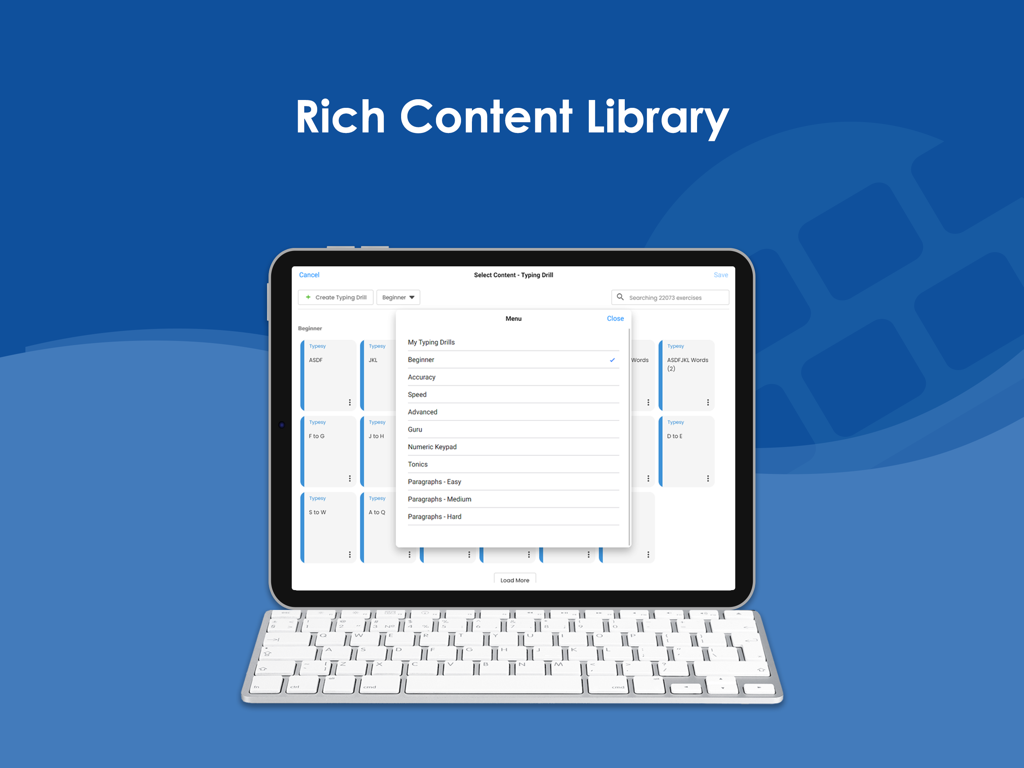 Typesy app interface on an iPad showing a selection of typing drills with a physical keyboard connected.