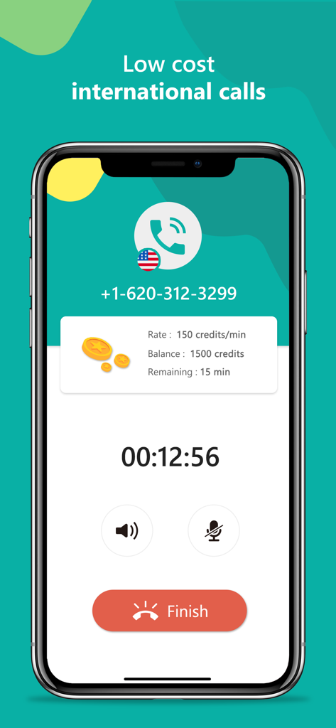 Laufende Anrufoberfläche in der 2nd Call App, die Anrufdauer und Guthabenstand anzeigt.