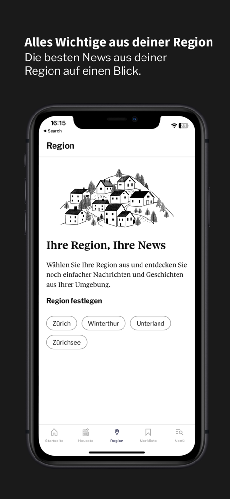 Tages-Anzeiger App-Oberfläche, die den Bildschirm zur Auswahl regionaler Nachrichten mit Optionen für Zürich, Winterthur, Unterland und Zürichsee zeigt.