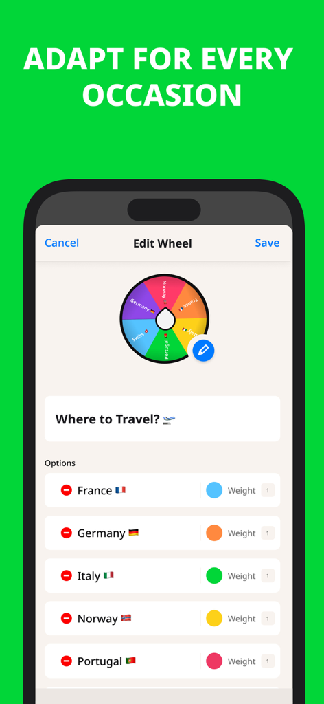 Interface for customizing a decision wheel for travel destinations with options for France Germany and Italy
