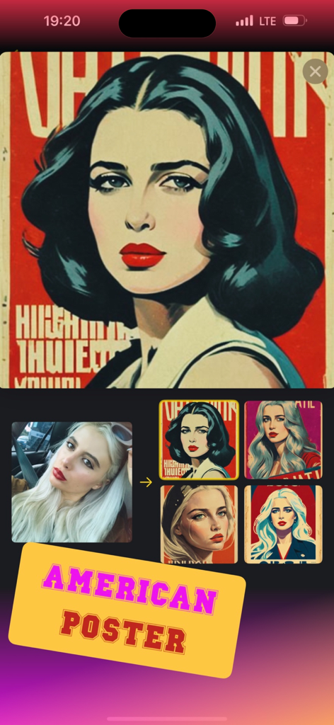 Avatars de style affiche américaine générés par IA à partir d'une vraie photo dans l'application Aisma.