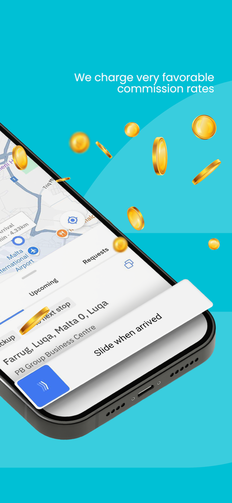 FastDrop Driver - Smartphone displaying the FastDrop Driver app interface with a delivery request and text highlighting favorable commission rates