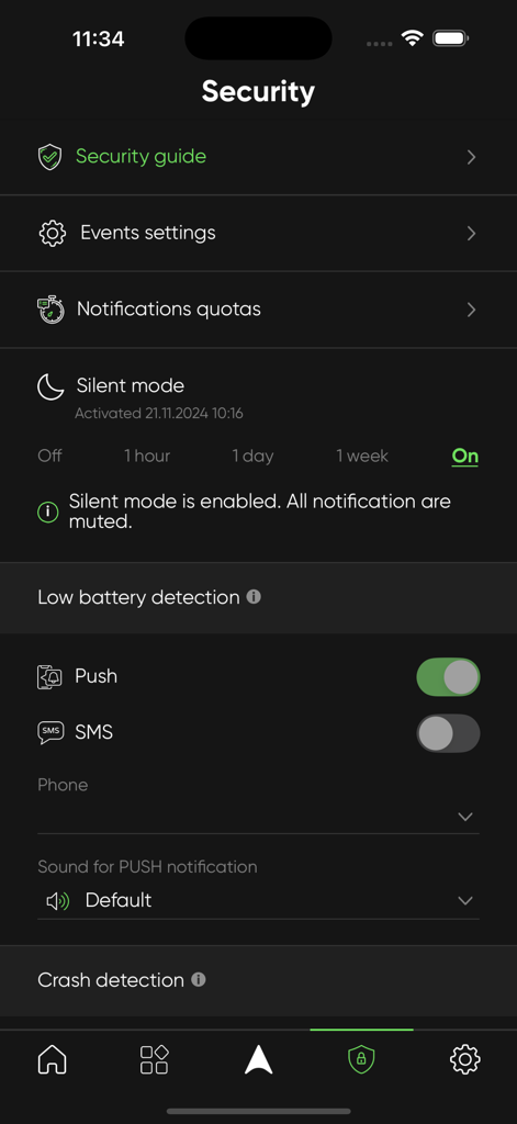 SIZZAPP Pro - Security settings menu in SIZZAPP Pro app showing silent mode and low battery detection controls