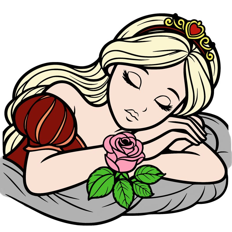 a fairytale princess sleeping with her hands crossed on her chest and a rose on her chest realistic
