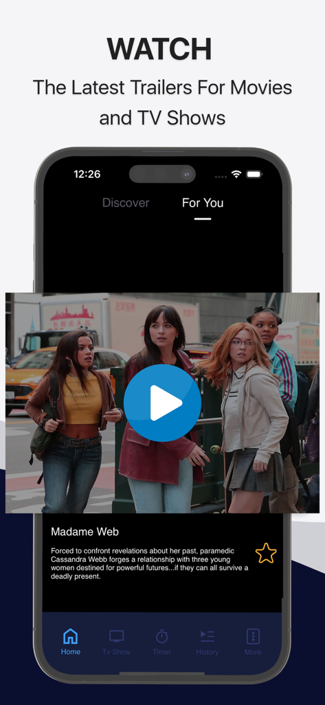 Interfaz para ver tráileres de películas y programas de televisión en la aplicación Time movies