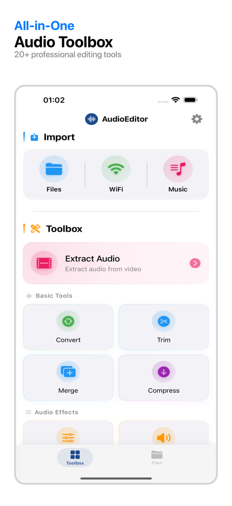 SonicForge - Audio Editor - SonicForge audio editor app interface showing the toolbox with features like extract audio, convert, trim, and merge