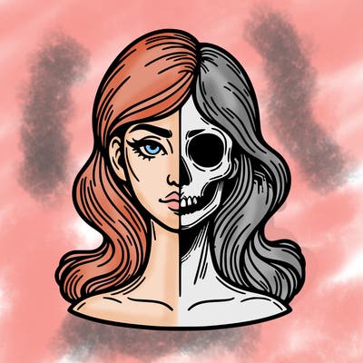 bust of a woman, half face and hair, half skull