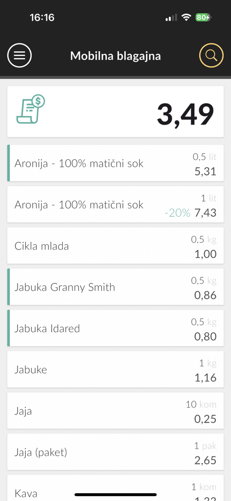 Mobilna fiskalna - Bildschirm einer mobilen Kasse aus der Mobilna fiskalna App, der eine Liste von Produkten wie Saft und Äpfel mit ihren Preisen anzeigt