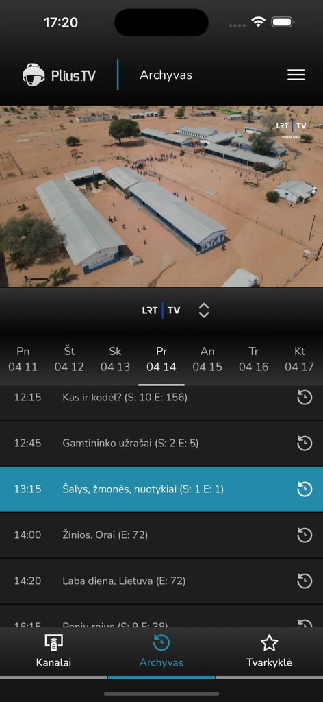 Plius.TV - Plius TV app showing Lithuanian television archive and program schedule