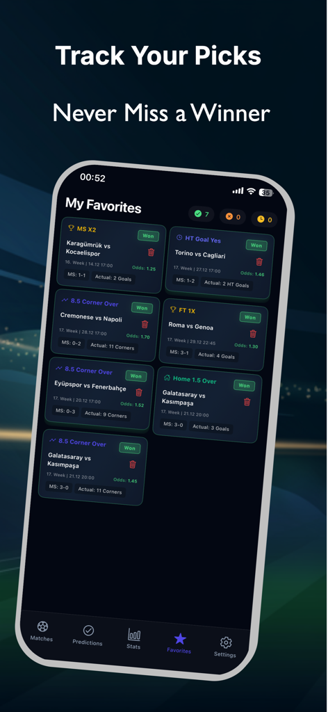 ScoreLab: Soccer Predictions - Interfaz de la aplicación móvil ScoreLab que muestra predicciones de apuestas de fútbol rastreadas y selecciones ganadoras en la sección Favoritos