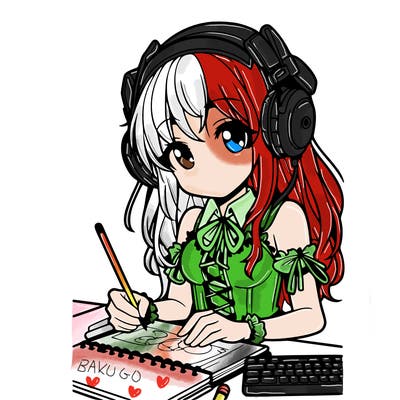 manga girl wearing headphones and drawing in sketchbook