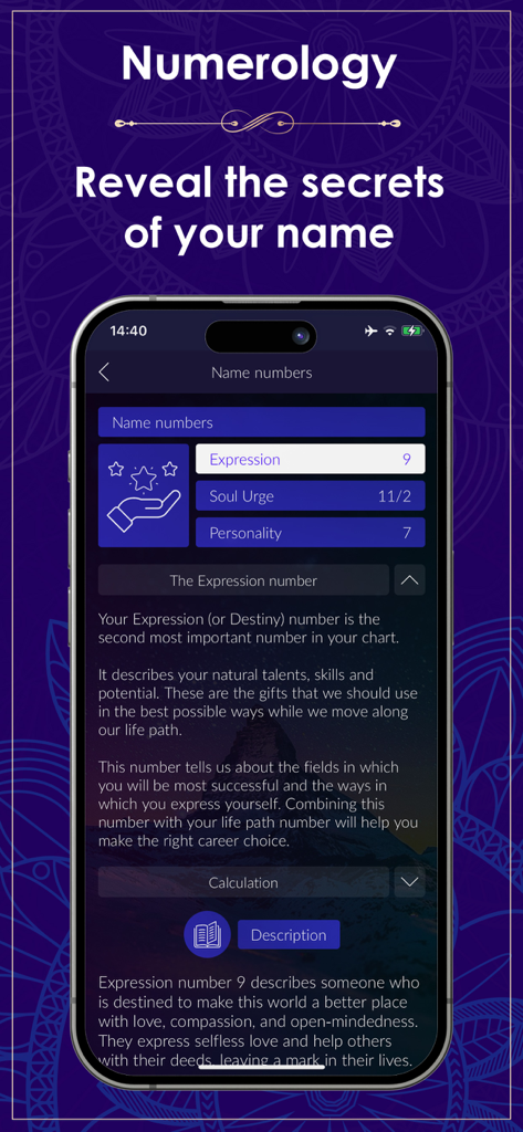 Numerology Rediscover Yourself - Interfaz de la aplicación de numerología que muestra el análisis del nombre para los números de expresión y anhelo del alma