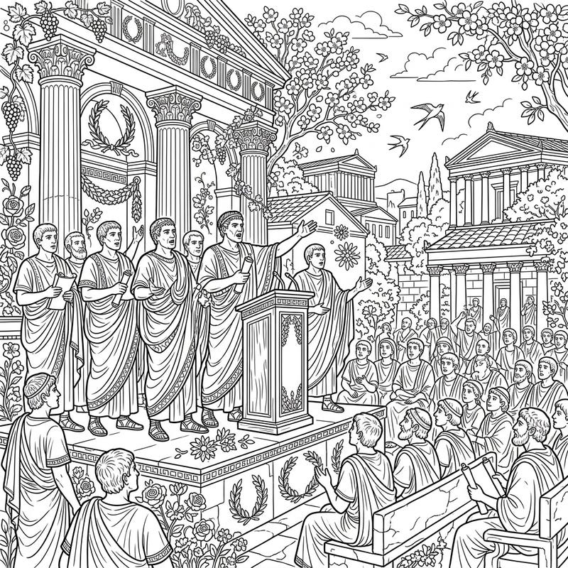 Immerse yourself in the grandeur of ancient Rome with this captivating coloring page featuring powerful Roman orators. Discover a rich historical scene brought to life with the fresh beauty of spring, ready for your creative touch.