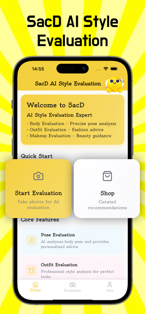SacD app interface showing AI style evaluation features for pose outfit and makeup