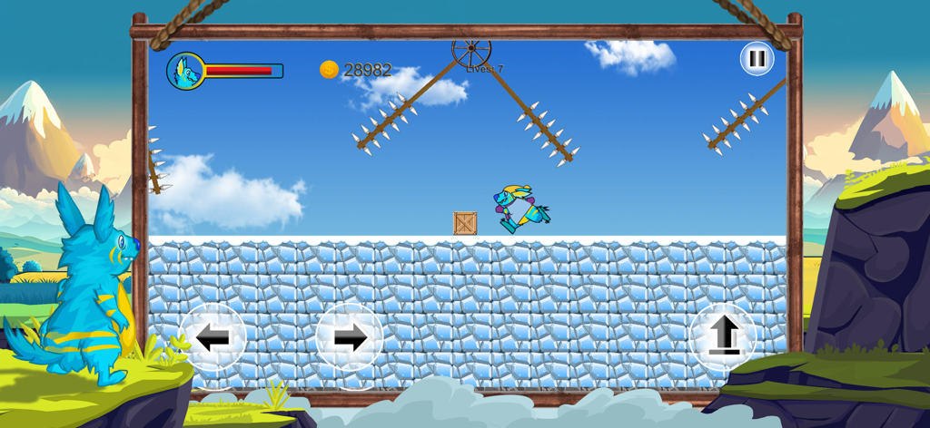 Molly Platformer: Super Runner - Blue rabbit character Molly running on ice blocks while avoiding spinning spiked traps in a side-scroller platformer level