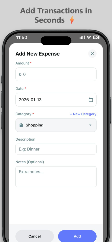 Expense Tracker – Daily Budget - Interfaz de la aplicación Seguimiento de Gastos que muestra un formulario para añadir un nuevo gasto con campos para importe, fecha, categoría y descripción.