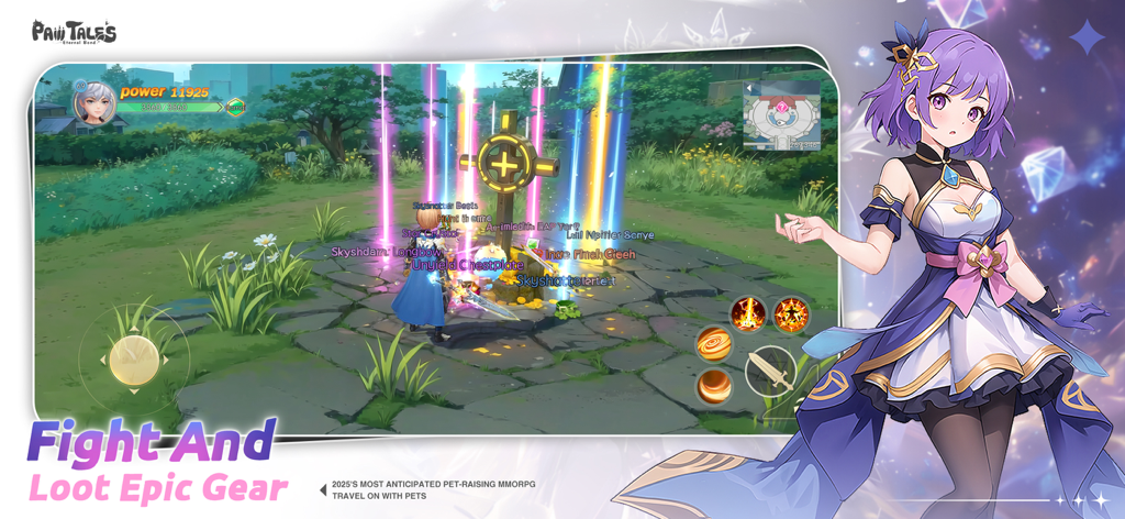Paw Tales: Eternal Bond - A character collects epic gear loot from a golden monument in the mobile RPG Paw Tales Eternal Bond.