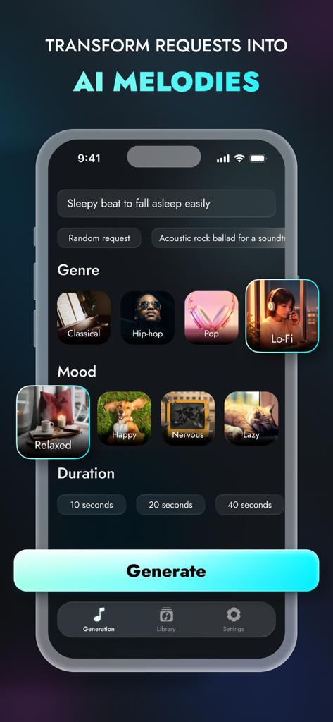 AI Melody Generator: Make Song - AI Melody Generator app interface showing options to create music using text prompts genre and mood selection