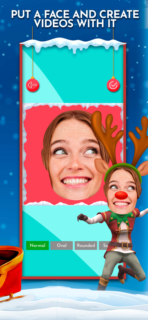 Elf Video Dance Christmas 2025 - Interfaz de la aplicación que muestra cómo colocar la cara de un usuario en un personaje navideño bailarín