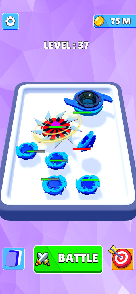 Merge Battle Spinner Simulator - Captura de pantalla del juego Simulador de Batalla de Spinners mostrando una arena de batalla con múltiples spinners azules y un spinner avanzado