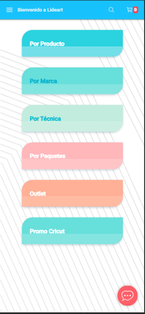 Lideart - Main menu of the Lideart app showing product categories and brand selections in Spanish