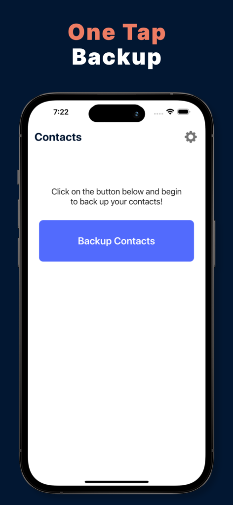 Contacts: MC backup & Exporter - iPhone-Screenshot der Kontakte MC Backup App mit einer zentralen Schaltfläche Kontakte sichern mit der Überschrift One Tap Backup