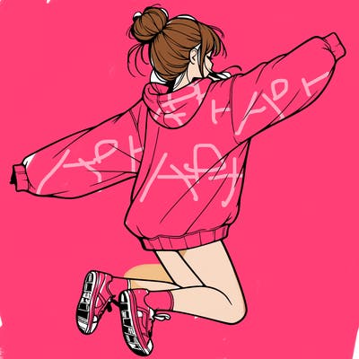 realistic girl jumping with a bun and oversized sweatshirt