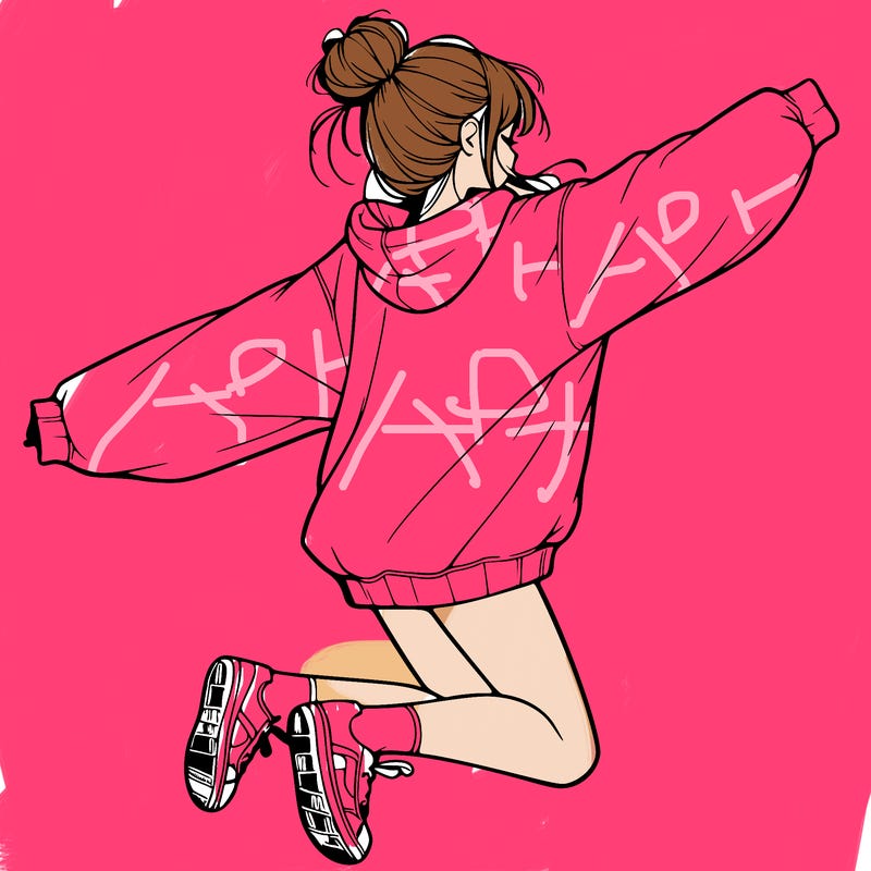 realistic girl jumping with a bun and oversized sweatshirt