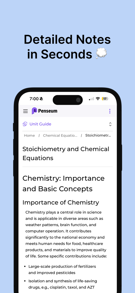Interface of the Penseum app showing detailed AI-generated chemistry study notes.