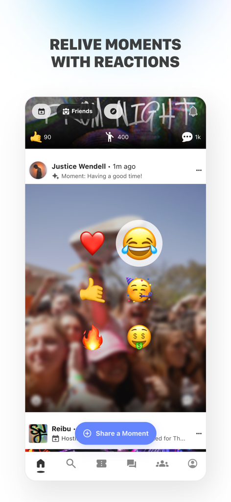 Bounce: Events & Payments - Bounce app interface displaying a shared event photo with various emoji reactions like heart fire and laughing faces