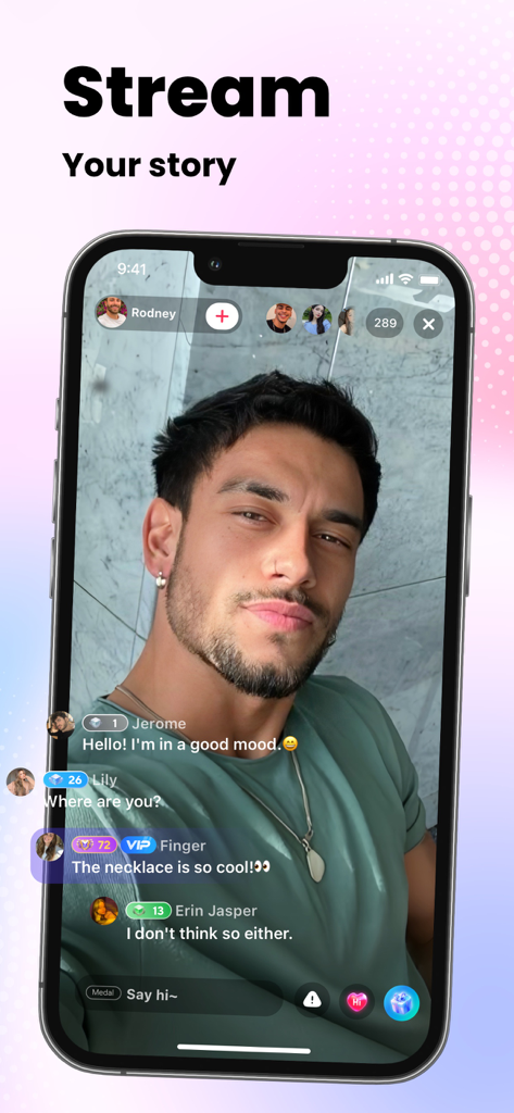 Piko Live app screenshot showing a live video stream of a creator with interactive chat messages on an iPhone.